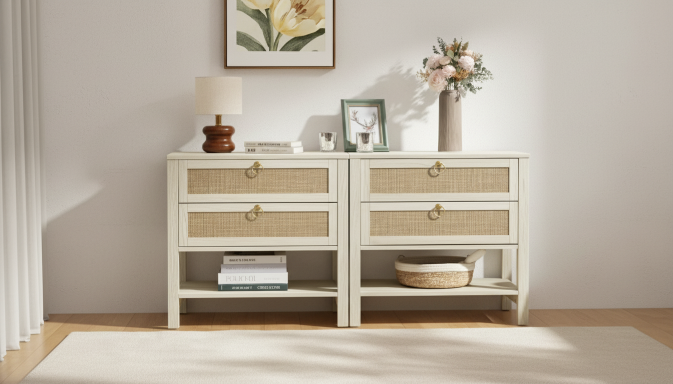 Boho White Nightstands (Set of 2) with Drawer & Shelf