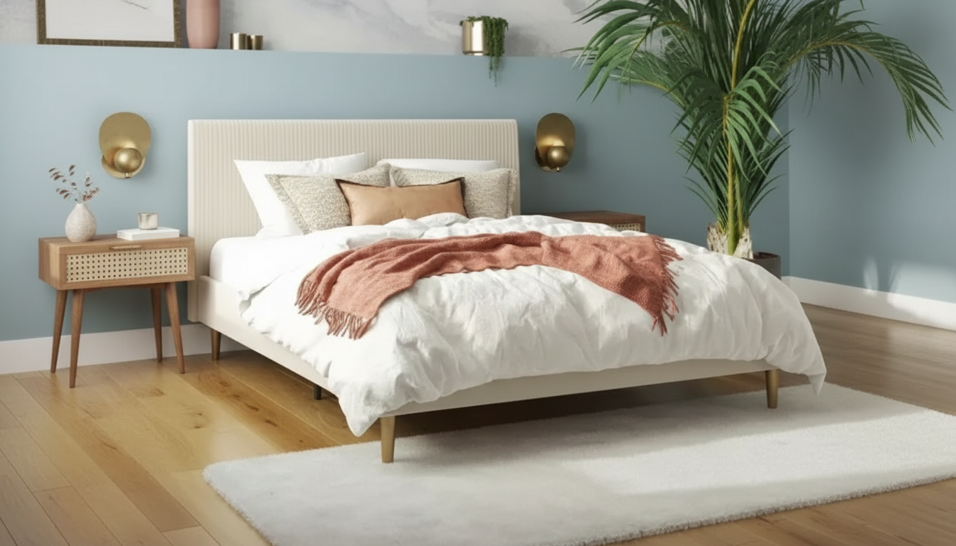 Ivory Velvet Queen Platform Bed: Modern, Soft & Sleek
