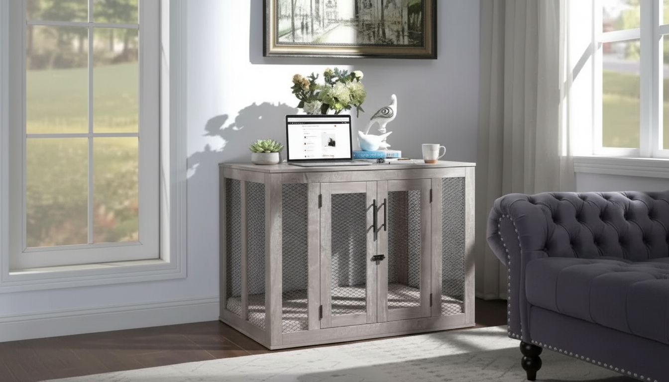 Space-Saving Medium Dog Crate with Cushion & Door Guide