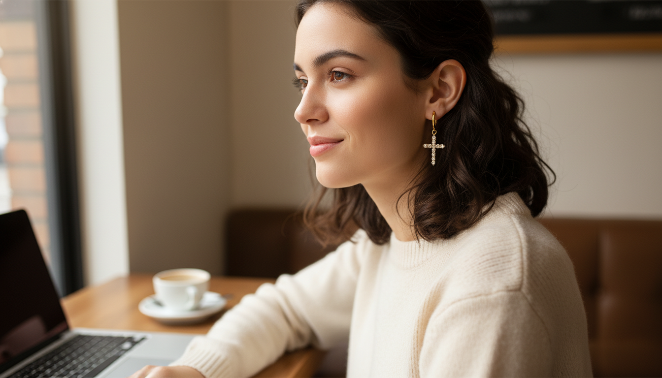 Sterling Silver Cross Hoop Earrings with Zircon Sparkle