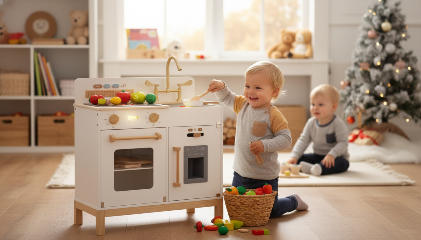 Wooden Play Kitchen with Lights & Sounds for Kids 3+