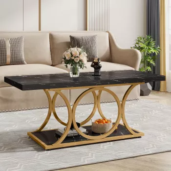 2-Tier Faux Marble Coffee Table: Gold Frame, Storage